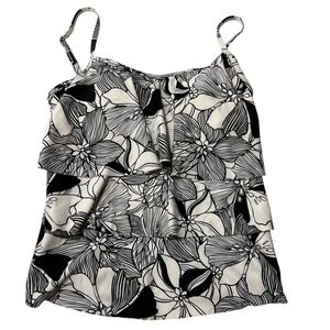 Stella Parker Womens Black White Floral Tiered Ruffle Tankini Swim Top Small